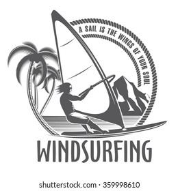 isolated vector illustration emblems man on board sailing in vintage style on a white background / windsurfing emblem on a white background