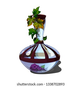 Isolated vector illustration of a empty glass bottle with vine leaves and small grape inside