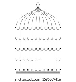 Isolated vector illustration. Empty open bird's cage. Black and white linear silhouette.