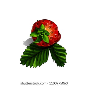Isolated vector illustration of entire red strawberry with a green leaf.