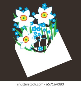 Isolated vector illustration. Envelope full of blossom. Narcissuses, forget-me-nots and a sailing ship. Metaphor for love and parting. Cartoon style. 