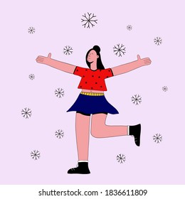 isolated vector illustration eps 8 - girl rejoices in the snow and jumps and waves her arms.Happy girl in winter.Woman with a festive mood.Fun on the winter street, first snow.Doodle style