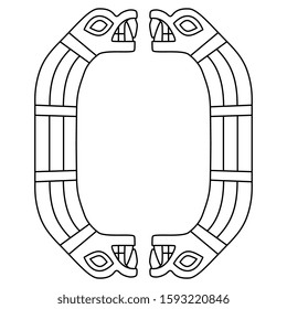 Isolated vector illustration. Ethnic animal decor. Oval geometrical frame with two double headed snakes. Ancient Peruvian Wari motif. Black and white linear silhouette.