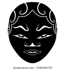 Isolated vector illustration. Ethnic Java mask. Stylized human face. Indonesian folk art. Black and white silhouette.