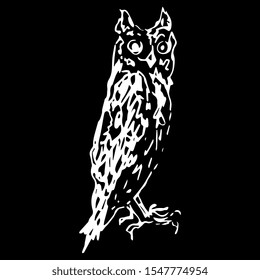 Isolated vector illustration. Eurasian scops owl. (Otus scops). Hand drawn linear sketch. White silhouette on black background.