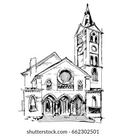 Isolated vector illustration. Evangelical Lutheran Holy Trinity Church in Rēzekne, Latvia. Hand drawn linear sketch. Black and white silhouette.