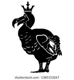 Isolated vector illustration. Extinct flightless bird dodo (Raphus cucullatus) from island Mauritius wearing a royal crown. Black and white flat silhouette.