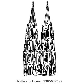  Einzige Vektorgrafik. Fassade einer Kölner Kathedrale (Kölner Dom). Handgezeichnete lineare Farbskizze. Schwarze Silhouette auf weißem Hintergrund.