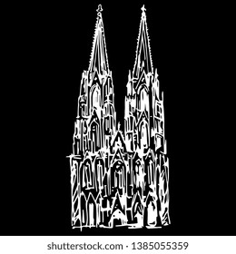 Isolated vector illustration. Facade of a Cologne Cathedral (Kölner Dom). Hand drawn linear ink sketch. White silhouette on black background.