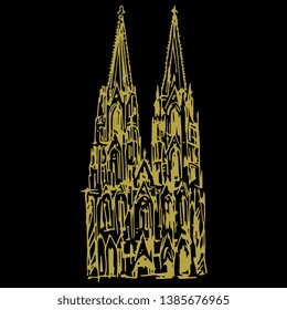 Isolated vector illustration. Facade of a Cologne Cathedral (Kölner Dom). Hand drawn linear ink sketch. Golden silhouette on black background.