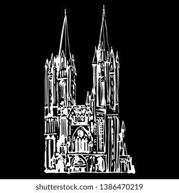 Isolated vector illustration. Facade of a Gothic Coutances Cathedral in France. (Notre-Dame de Coutances). Hand drawn linear ink sketch. White silhouette on black background.