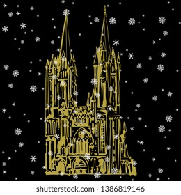 Isolated vector illustration. Facade of a Gothic Coutances Cathedral in France. (Notre-Dame de Coutances). Hand drawn linear ink sketch. Golden silhouette on black background.
