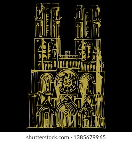 Isolated vector illustration. Facade of Laon Cathedral in France. (Cathedrale Notre-Dame de Laon). Hand drawn linear ink sketch. Golden silhouette on black background.