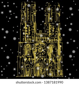 Isolated vector illustration. Facade of Laon Cathedral in France (Cathedrale Notre-Dame de Laon) under snowflakes. Hand drawn linear ink sketch. Golden silhouette on black background.