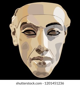 Isolated vector illustration. Face of ancient Egyptian pharaoh Akhenaten (Echnaton, Akhenaton). Amarna portrait sculpture. Flat cartoon style. On black background.