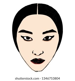 Isolated vector illustration. Face of a beautiful Oriental girl. Hand drawn sketch.