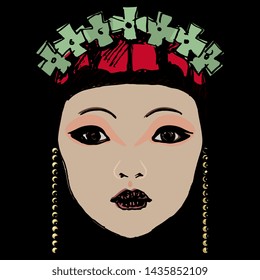 Isolated vector illustration. Face of a beautiful Oriental girl in ornate attire. Hand drawn colored sketch.