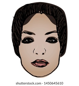 Isolated vector illustration. Face of a beautiful Caucasian woman with makeup. Hand drawn colored sketch.