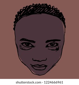 Isolated vector illustration. Face of a cute African boy or girl. Hand drawn sketch.