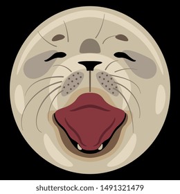 Isolated vector illustration. Face of happy baby seal with open mouth. Round animal head. Cartoon style.