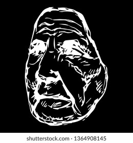 Isolated vector illustration. Face of an old lady. Hand drawn sketch. White silhouette on black background.