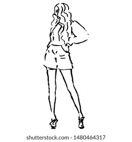 Isolated vector illustration. Fancy standing girl wearing shorts. Hand drawn linear doodle sketch. Black silhouette on white background.