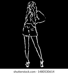 Isolated vector illustration. Fancy standing girl wearing shorts. Hand drawn linear doodle sketch. White silhouette on black background.