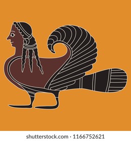 Isolated vector illustration. Fantastic ancient Greek mythological creature. Siren. Half woman half bird. Based on vase painting motif.