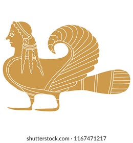 Isolated vector illustration. Fantastic ancient Greek mythological creature. Siren. Half woman half bird. Based on vase painting motif. 