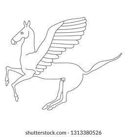 Isolated vector illustration. Fantastic ancient Greek mythological creature. Winged horse Pegasus. Black and white linear silhouette.