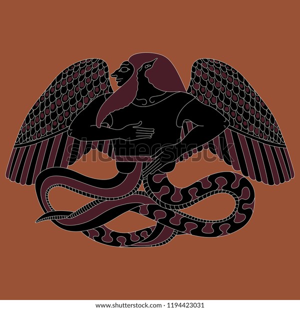 Isolated vector illustration. Fantastic ancient Greek mythological creature. Winged snake tail man Typhon. Based on vase painting motif. Cartoon style.