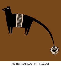Isolated vector illustration. Fantastic animal with long tail. Ancient Native American Mogollon Mimbres culture motif. Black silhouette on white background.