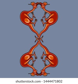 Isolated vector illustration. Fantastic animal decor with silhouettes of medieval dragons or basilisks. Illuminated manuscript motif.
