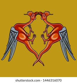 Isolated vector illustration. Fantastic animal decor with two silhouettes of medieval dragons or basilisks. Illuminated manuscript motif.