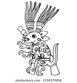 Isolated vector illustration. Fantastic animal. Ancient art of Mexican Aztec Indians. Hand drawn linear sketch. Black and white silhouette.