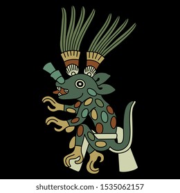 Isolated vector illustration. Fantastic animal. Ancient art of Mexican Aztec Indians. On black background.