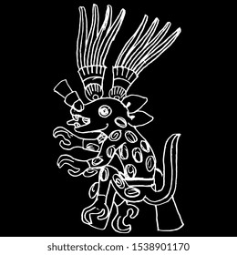 Isolated vector illustration. Fantastic animal. Ancient art of Mexican Aztec Indians. Hand drawn linear sketch. White silhouette on black background.