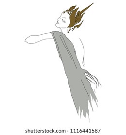 Isolated vector illustration. Fantastic beautiful turned-round girl in exotic costume. Hand drawn original style art.