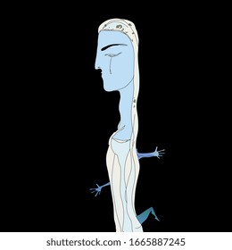 Isolated vector illustration. Fantastic blue lady with closed eyes. Surreal art. Hand drawn sketch.