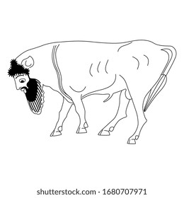 Isolated vector illustration. Fantastic bull with human bearded head. Ancient Greek vase painting motif. Black and white linear silhouette.