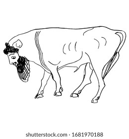 Isolated vector illustration. Fantastic bull with human bearded head. Ancient Greek vase painting motif. Hand drawn linear doodle ink sketch. Black silhouette on white background.