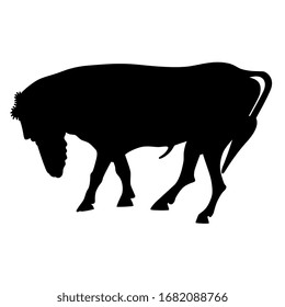 Isolated vector illustration. Fantastic bull with human bearded head. Black silhouette on white background.