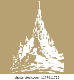 Isolated vector illustration. Fantastic castle on a mountain. Hand drawn linear ink sketch. White silhouette on yellow background.