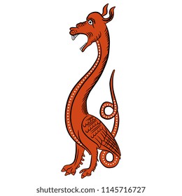 Isolated vector illustration. Fantastic creature. Funny standing winged red dragon. Based on medieval motif.