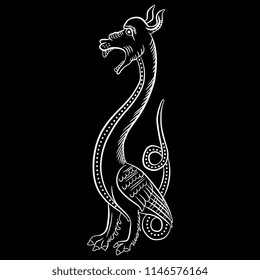 Isolated vector illustration. Fantastic creature. Funny standing winged red dragon. Based on medieval motif. White silhouette on black background.