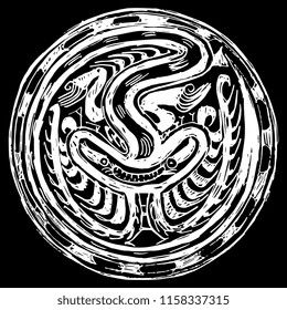 Isolated vector illustration. Fantastic creature in a circle. Ethnic tribal art of Conde Indians from ancient Panama. Hand drawn ink sketch. Doodle style. White silhouette on black background.