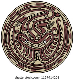 Isolated vector illustration. Fantastic creature in a circle. Ethnic tribal art of Conde Indians from ancient Panama. 