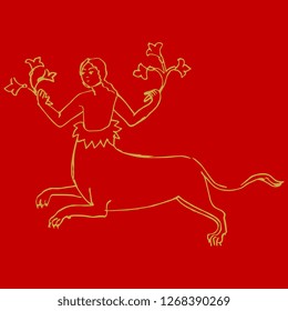 Isolated vector illustration. Fantastic creature. Female feline centaur holding two flowers. Medieval motif. Hand drawn linear doodle sketch. Gold silhouette on red background.