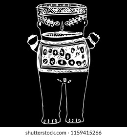 Isolated vector illustration. Fantastic ethnic figure. Female whale shark shaman. Tribal Indian art of ancient Peru. Chancay culture. Hand drawn linear sketch. White silhouette on black background.