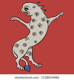 Isolated vector illustration. Fantastic feline beast standing on hind legs and covered with eyes. Based on medieval motif.